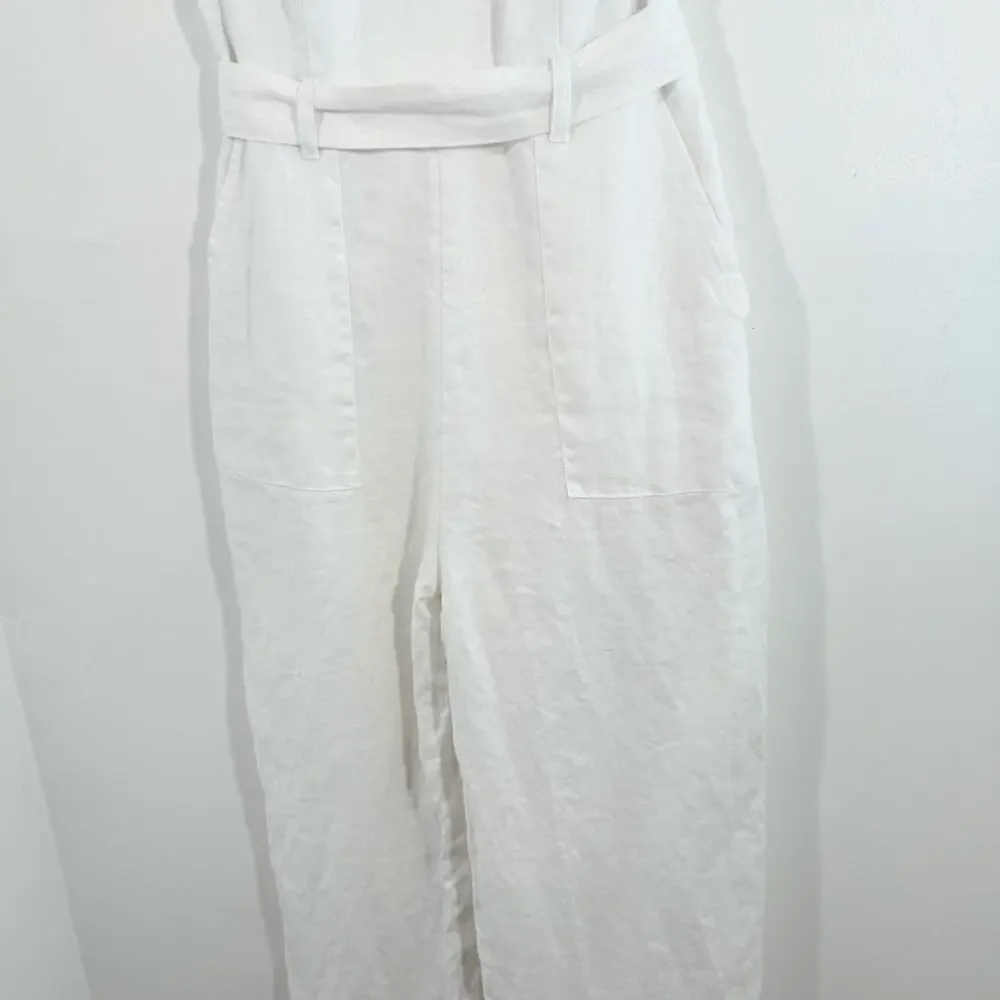 Reformation Naomi White 100% Linen Wide Leg Belted Jumpsuit Size 2